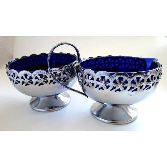 Cobalt Blue Glass and Silver Quality Plate Sugar and Creamer Set - England VTG - Picture 2 of 16